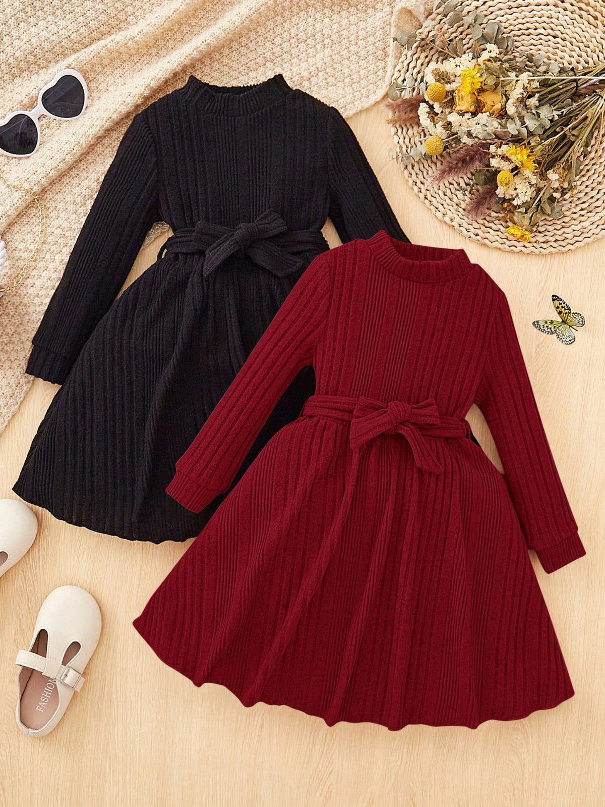 2pcs Girls Young Fashion Elegant Solid Color Stand Collar Long Sleeve Dress Set