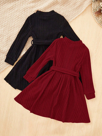 2pcs Girls Young Fashion Elegant Solid Color Stand Collar Long Sleeve Dress Set