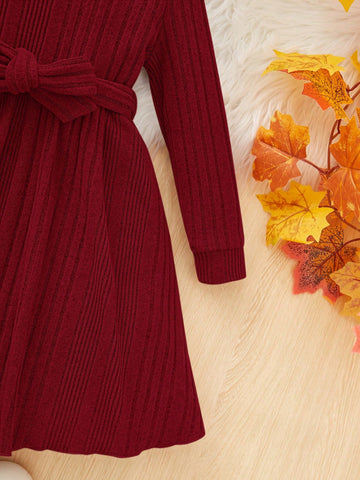 2pcs Girls Young Fashion Elegant Solid Color Stand Collar Long Sleeve Dress Set