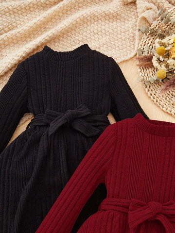 2pcs Girls Young Fashion Elegant Solid Color Stand Collar Long Sleeve Dress Set