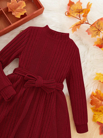 2pcs Girls Young Fashion Elegant Solid Color Stand Collar Long Sleeve Dress Set