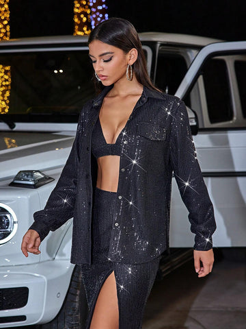 2pcs Glitter Sequins Collar Loose Long Sleeve Blouse And High Slit Side Zipper Skirt Party Costume, Halloween Holiday Dress