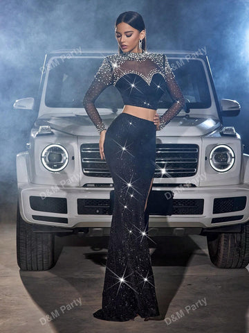 2pcs Set: Sparkly Rhinestone & Pearl Sheer Party Top And Sequin High Slit Skirt, Elegant Holiday Party Dress For Halloween