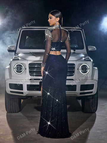 2pcs Set: Sparkly Rhinestone & Pearl Sheer Party Top And Sequin High Slit Skirt, Elegant Holiday Party Dress For Halloween