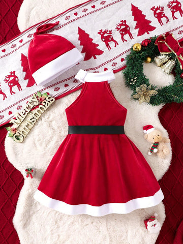 2pcs Halloween Costume Young Girls Christmas Fashion Simple Santa Dress
