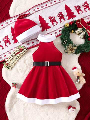 2pcs Halloween Costume Young Girls Christmas Fashion Simple Santa Dress