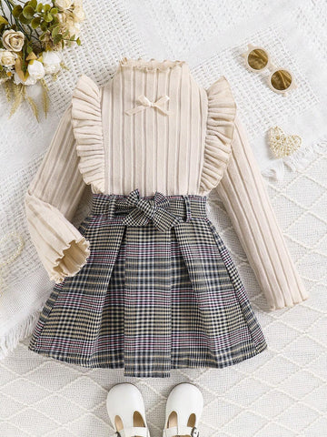 2pcs Little Girls Autumn Fashion Bow Knitted Top And Plaid Mini Skirt Set
