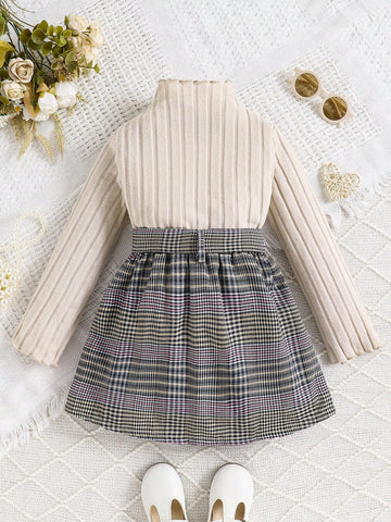 2pcs Little Girls Autumn Fashion Bow Knitted Top And Plaid Mini Skirt Set