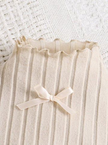 2pcs Little Girls Autumn Fashion Bow Knitted Top And Plaid Mini Skirt Set