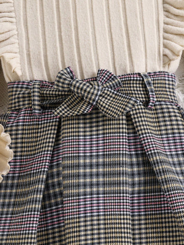 2pcs Little Girls Autumn Fashion Bow Knitted Top And Plaid Mini Skirt Set