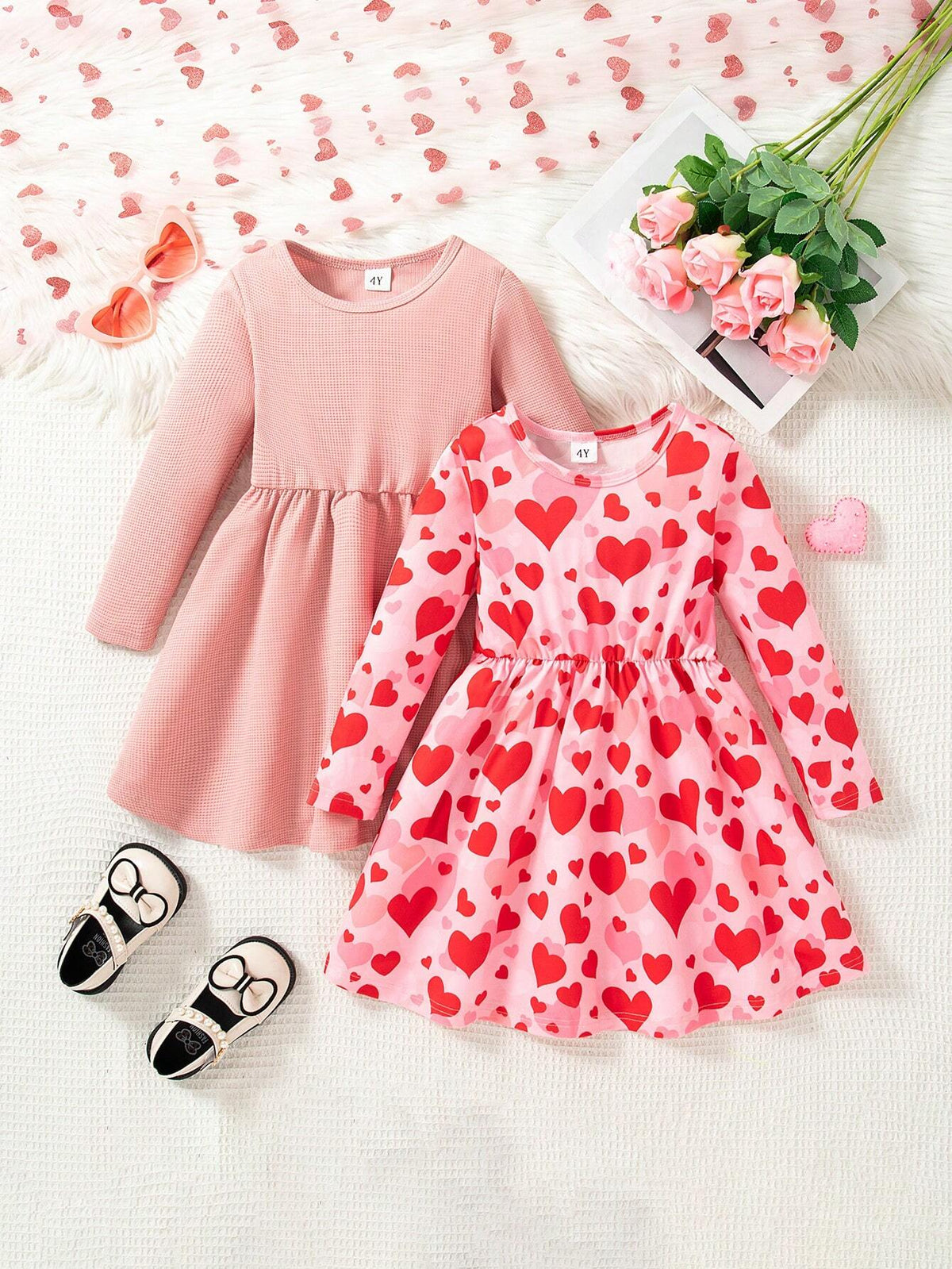 2pcs Red Heart Print Dress Set, Spring/Autumn