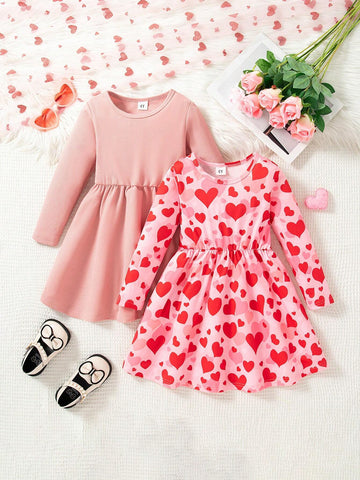 2pcs Red Heart Print Dress Set, Spring/Autumn