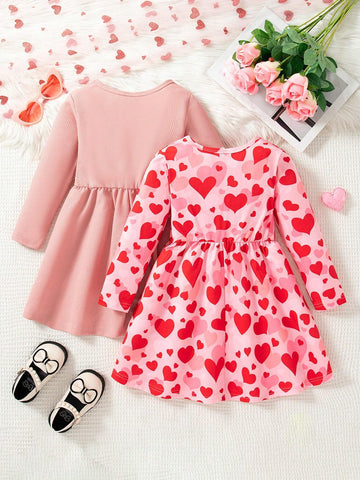2pcs Red Heart Print Dress Set, Spring/Autumn