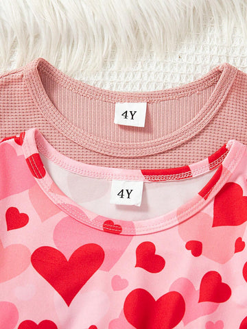 2pcs Red Heart Print Dress Set, Spring/Autumn