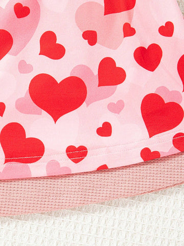 2pcs Red Heart Print Dress Set, Spring/Autumn
