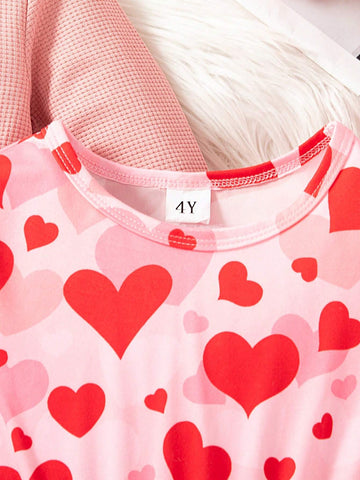 2pcs Red Heart Print Dress Set, Spring/Autumn