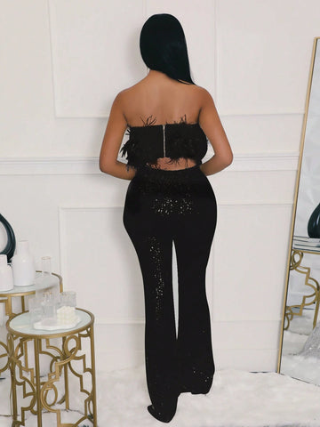2pcs Sequin Pants & Feather Crop Top Sexy Party Outfit For Women