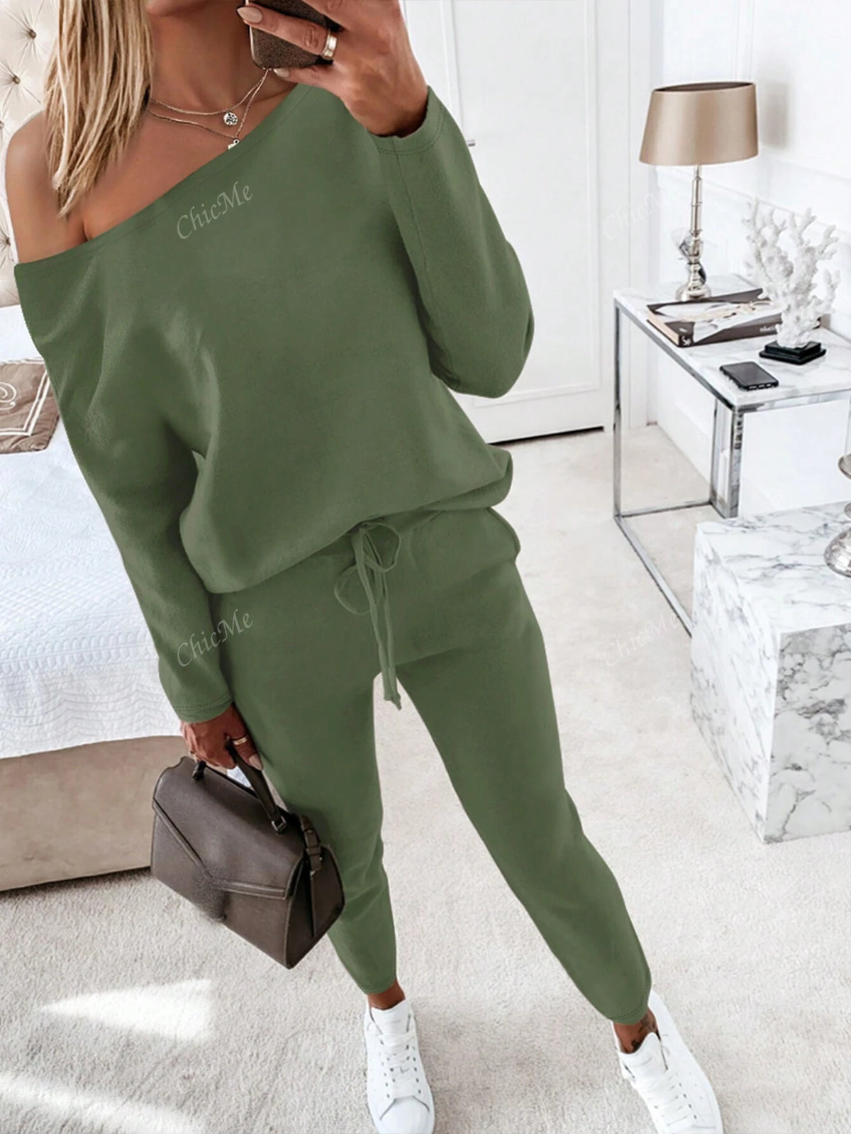 2pcs Set Casual Asymmetrical Shoulder Solid Sweatshirt + Solid Elastic Waist Pants