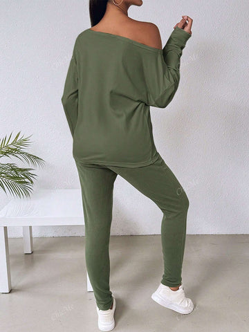 2pcs Set Casual Asymmetrical Shoulder Solid Sweatshirt + Solid Elastic Waist Pants