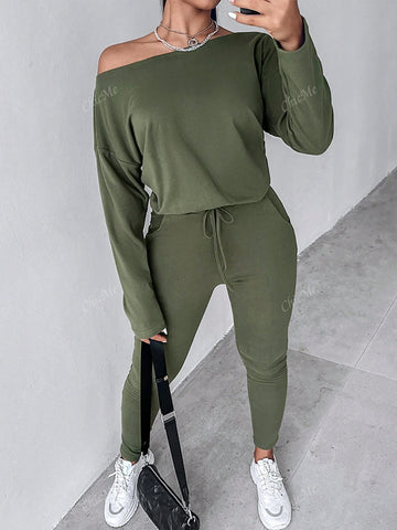 2pcs Set Casual Asymmetrical Shoulder Solid Sweatshirt + Solid Elastic Waist Pants
