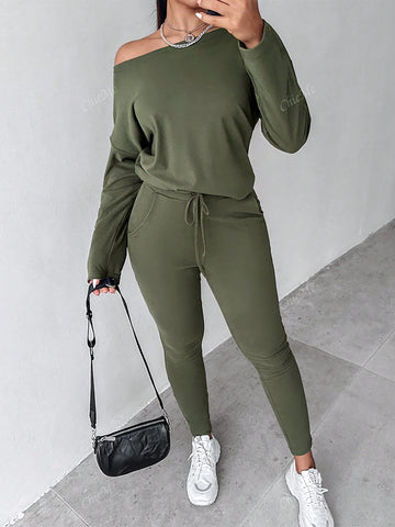 2pcs Set Casual Asymmetrical Shoulder Solid Sweatshirt + Solid Elastic Waist Pants