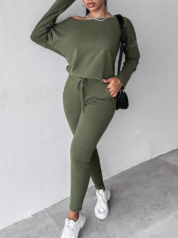 2pcs Set Casual Asymmetrical Shoulder Solid Sweatshirt + Solid Elastic Waist Pants