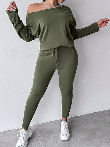 2pcs Set Casual Asymmetrical Shoulder Solid Sweatshirt + Solid Elastic Waist Pants