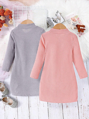 2pcs Set Casual Cute Long Sleeve Ribbed Print Straight Dress, Autumn And Winter