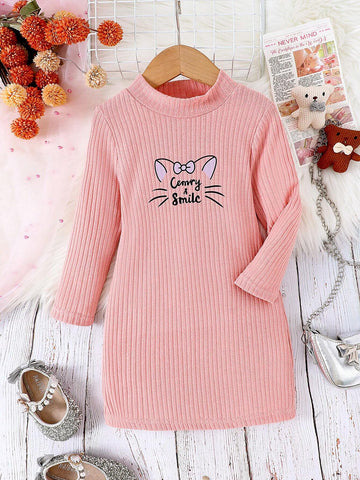 2pcs Set Casual Cute Long Sleeve Ribbed Print Straight Dress, Autumn And Winter