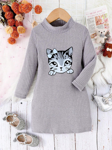 2pcs Set Casual Cute Long Sleeve Ribbed Print Straight Dress, Autumn And Winter