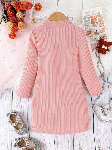 2pcs Set Casual Cute Long Sleeve Ribbed Print Straight Dress, Autumn And Winter