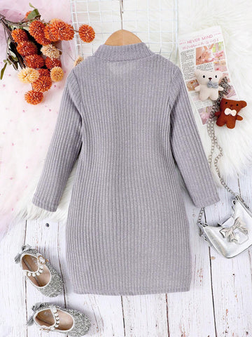 2pcs Set Casual Cute Long Sleeve Ribbed Print Straight Dress, Autumn And Winter