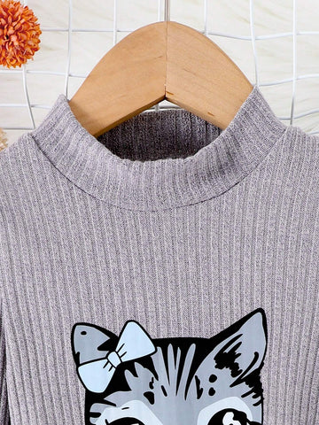 2pcs Set Casual Cute Long Sleeve Ribbed Print Straight Dress, Autumn And Winter