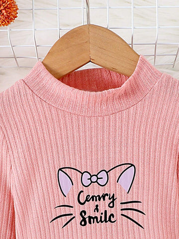 2pcs Set Casual Cute Long Sleeve Ribbed Print Straight Dress, Autumn And Winter