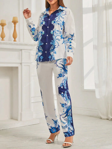 2pcs Set Casual Fashionable Color Block Plant Print Long Sleeve Shirt & Pants