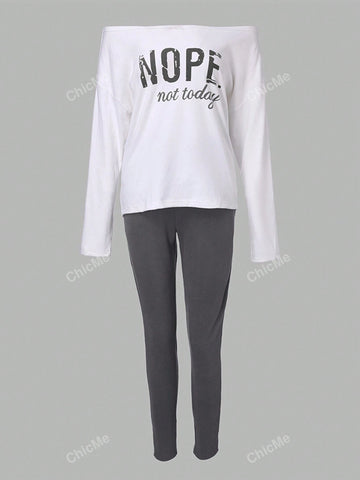 2pcs/Set Fashionable Casual T-Shirt With Letter/Animal Print/Graphic Oblique Shoulder Long Sleeve Top And Slim Fit Pants