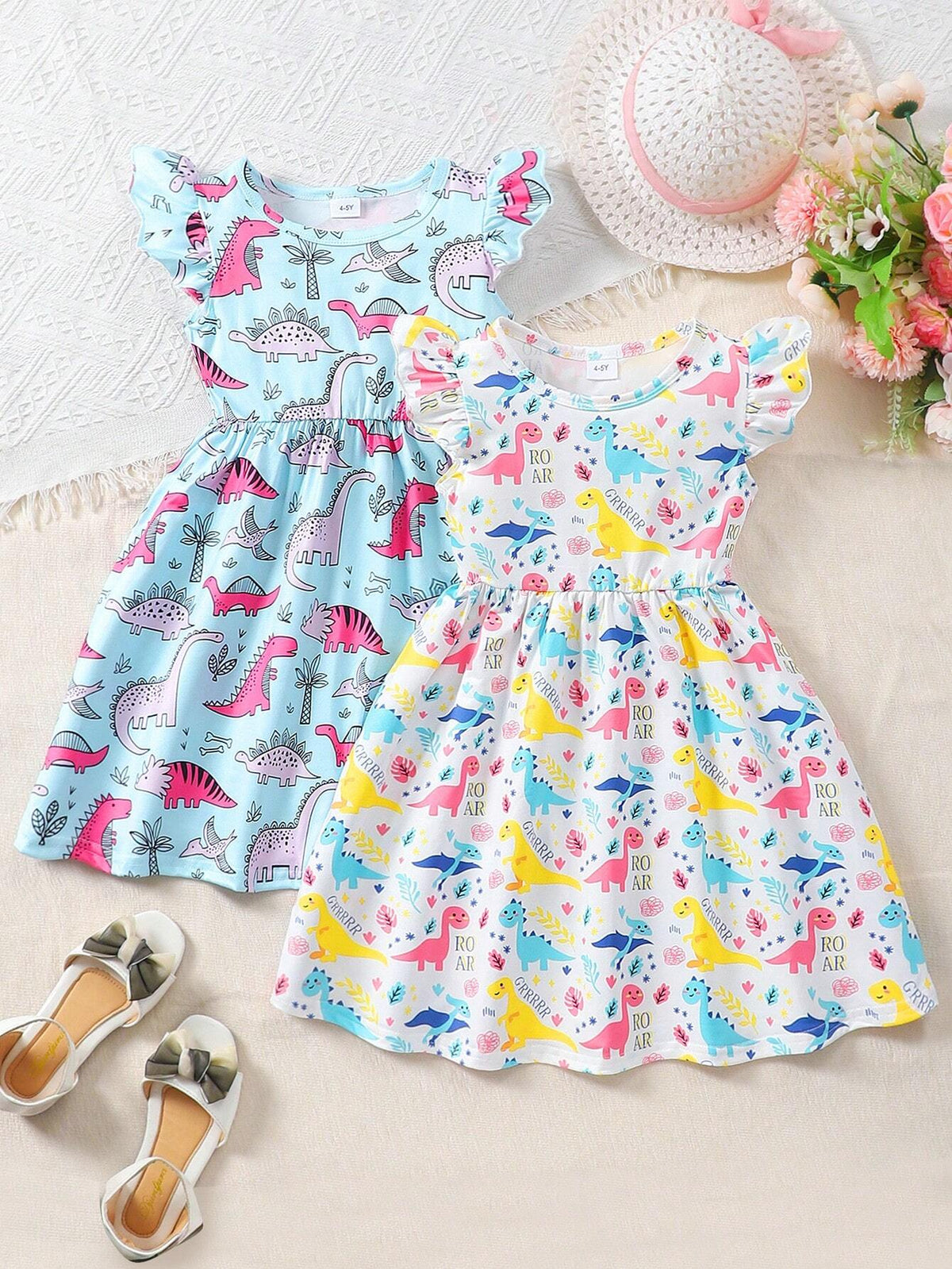 [2pcs Set] Girls' Summer Colorful Dinosaur Printed Flying Sleeves Dress