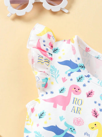 [2pcs Set] Girls' Summer Colorful Dinosaur Printed Flying Sleeves Dress