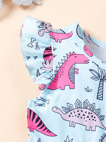 [2pcs Set] Girls' Summer Colorful Dinosaur Printed Flying Sleeves Dress