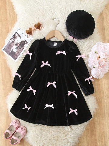 2pcs Set Mother Daughter Matching Outfits Elegant Velvet Bow Decor Long Sleeve Dress, Sweet & Stylish For Spring/Autumn (Sold Separately)