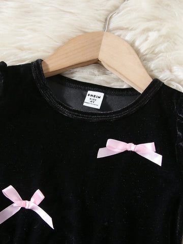 2pcs Set Mother Daughter Matching Outfits Elegant Velvet Bow Decor Long Sleeve Dress, Sweet & Stylish For Spring/Autumn (Sold Separately)