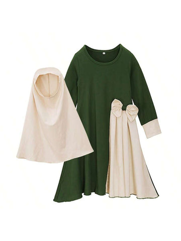2pcs/Set Young Girl Long Sleeve Bowknot Maxi Dress + Headscarf