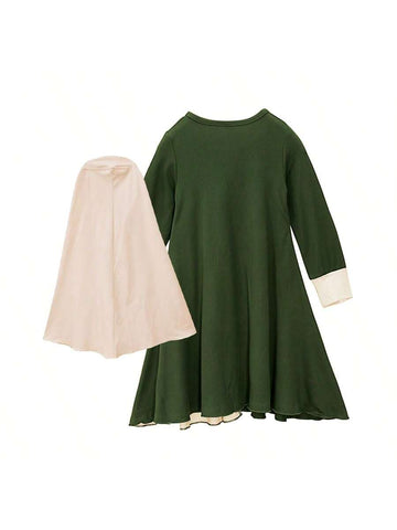 2pcs/Set Young Girl Long Sleeve Bowknot Maxi Dress + Headscarf