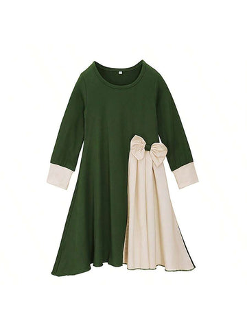 2pcs/Set Young Girl Long Sleeve Bowknot Maxi Dress + Headscarf
