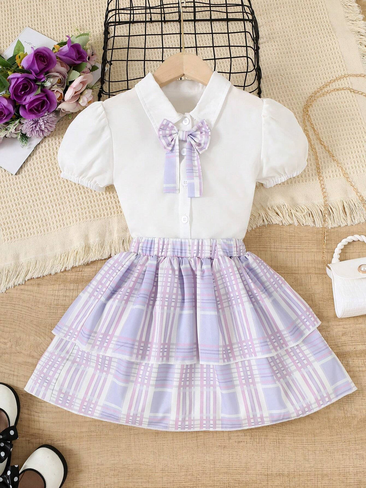 2pcs Short Sleeve Top And Double-Layered Ruffled Skirt Set, Girls' Bow Collar And Summer Design