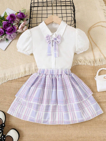 2pcs Short Sleeve Top And Double-Layered Ruffled Skirt Set, Girls' Bow Collar And Summer Design