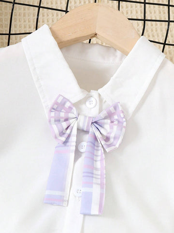 2pcs Short Sleeve Top And Double-Layered Ruffled Skirt Set, Girls' Bow Collar And Summer Design