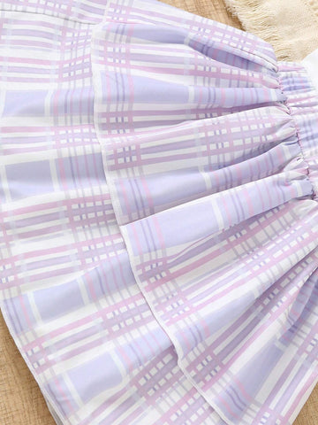 2pcs Short Sleeve Top And Double-Layered Ruffled Skirt Set, Girls' Bow Collar And Summer Design