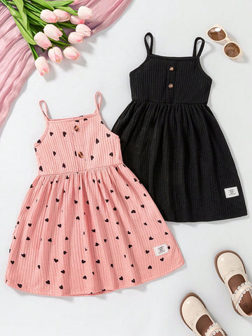2pcs Solid Color & Heart Print Cami Dress, Suitable For Girls Summer Holiday & Casual Wear, Gift