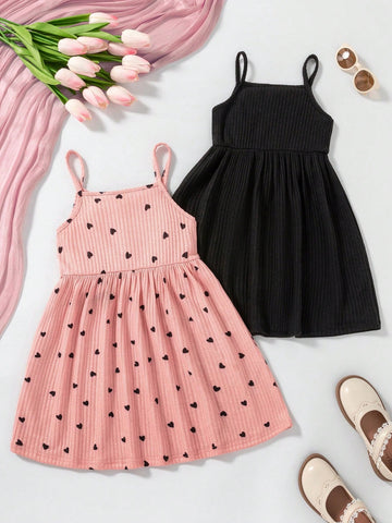 2pcs Solid Color & Heart Print Cami Dress, Suitable For Girls Summer Holiday & Casual Wear, Gift